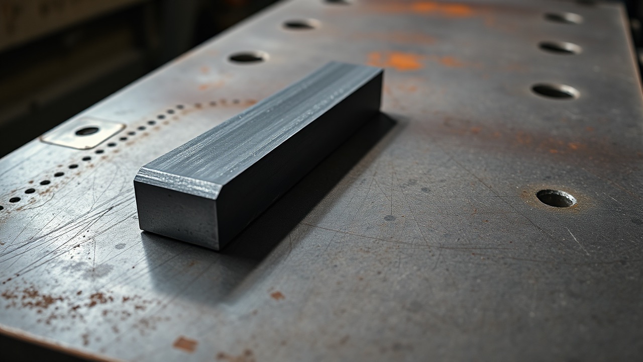 A machined steel wedge resting on a scored steel plate, lit from one side so its taper reads as a gradient of shadow.